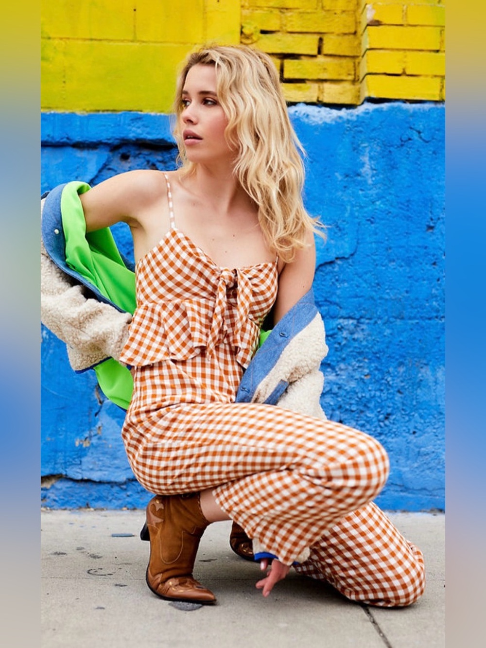 Saylor x Anthropologie Laken Gingham Ruffle Jumpsuit Apricot White Small - Picture 5 of 13